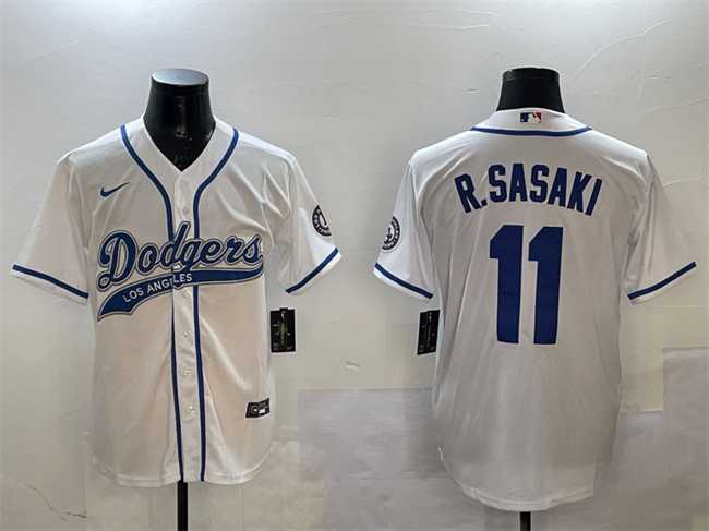 Men%27s Los Angeles Dodgers #11 Roki Sasaki White With Patch Cool Base Stitched Jersey->los angeles dodgers->MLB Jersey
